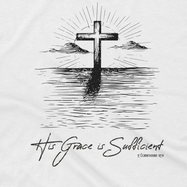 His Grace is Sufficient Shirt - Sunrise over Water with Cross - Image 3