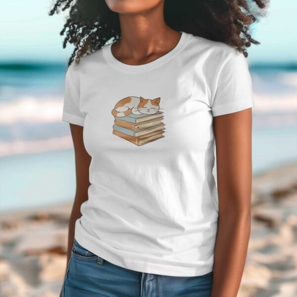 Retro Sleeping Cat on Books T-Shirt - Image 3