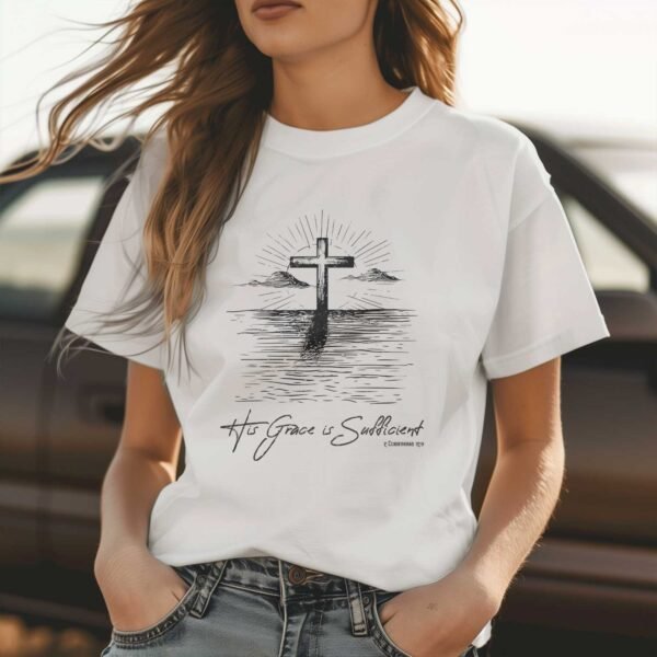 His Grace is Sufficient Shirt - Sunrise over Water with Cross