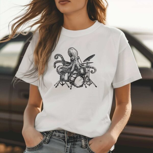 Retro Octopus Playing Drums T-Shirt - Image 3