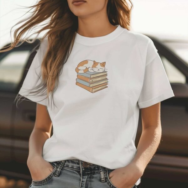 Retro Sleeping Cat on Books T-Shirt