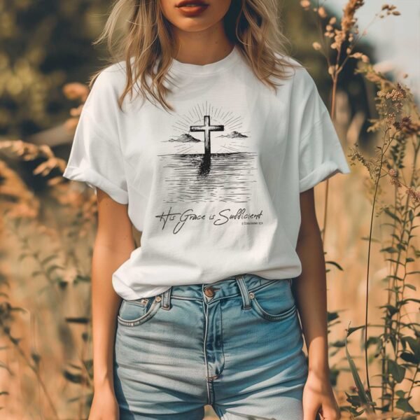 His Grace is Sufficient Shirt - Sunrise over Water with Cross - Image 2