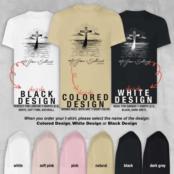 His Grace is Sufficient Shirt - Sunrise over Water with Cross - Image 4