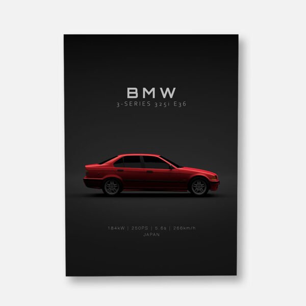 BMW 325i E36 sedan 1994 - Red - Specs - Wall Art Poster