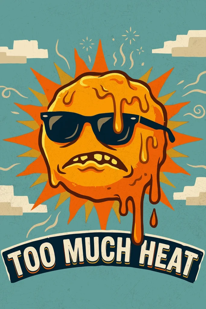 Too Much Heat Retro Melting Sun Poster