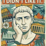 Funny retro travel poster printable with sarcastic quote, classical statue bust, and vintage vacation collage featuring Rome, Paris, Athens, Egypt, airplane, cruise ship, and pyramids.