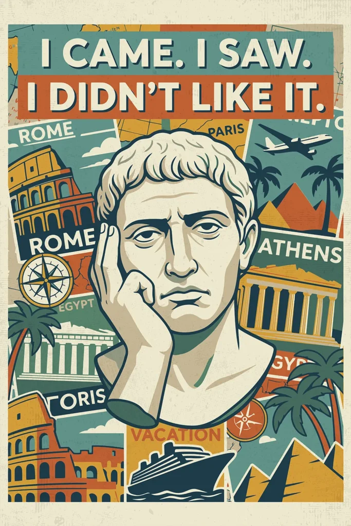 Funny retro travel poster printable with sarcastic quote, classical statue bust, and vintage vacation collage featuring Rome, Paris, Athens, Egypt, airplane, cruise ship, and pyramids.
