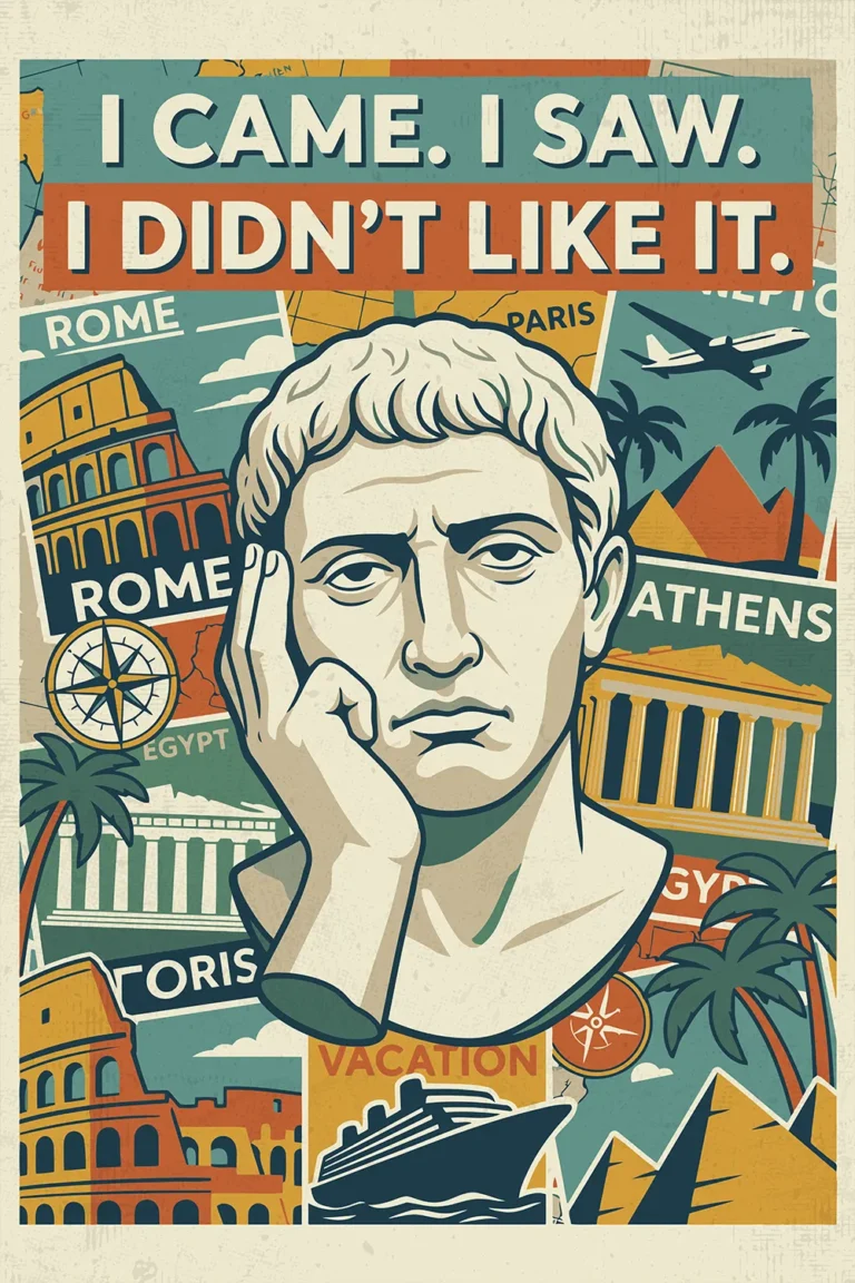 Funny retro travel poster printable with sarcastic quote, classical statue bust, and vintage vacation collage featuring Rome, Paris, Athens, Egypt, airplane, cruise ship, and pyramids.