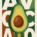 Retro avocado wall art printable featuring bold typography, a sliced avocado illustration, and vintage green, cream, mustard, and rust tones.