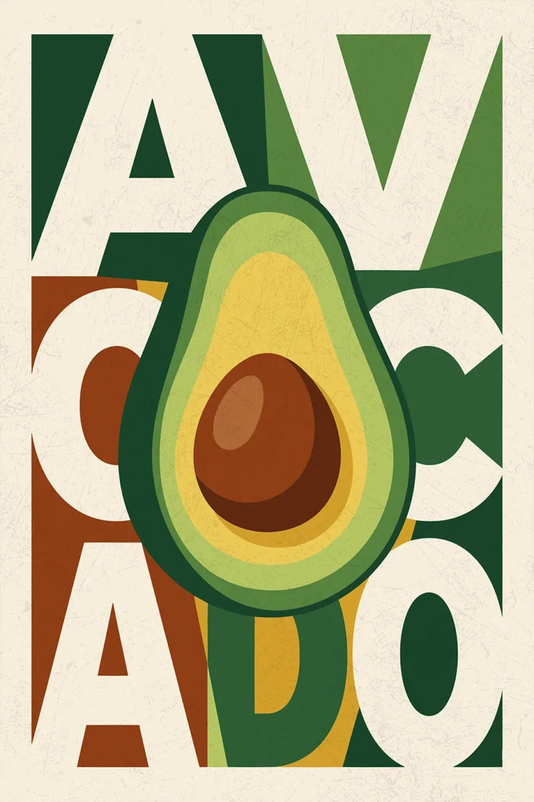 Retro avocado wall art printable featuring bold typography, a sliced avocado illustration, and vintage green, cream, mustard, and rust tones.