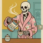 Retro digital wall art featuring a skeleton in a pink floral robe pouring coffee with text reading Another Day Another Opportunity to Mind Your Own Business.