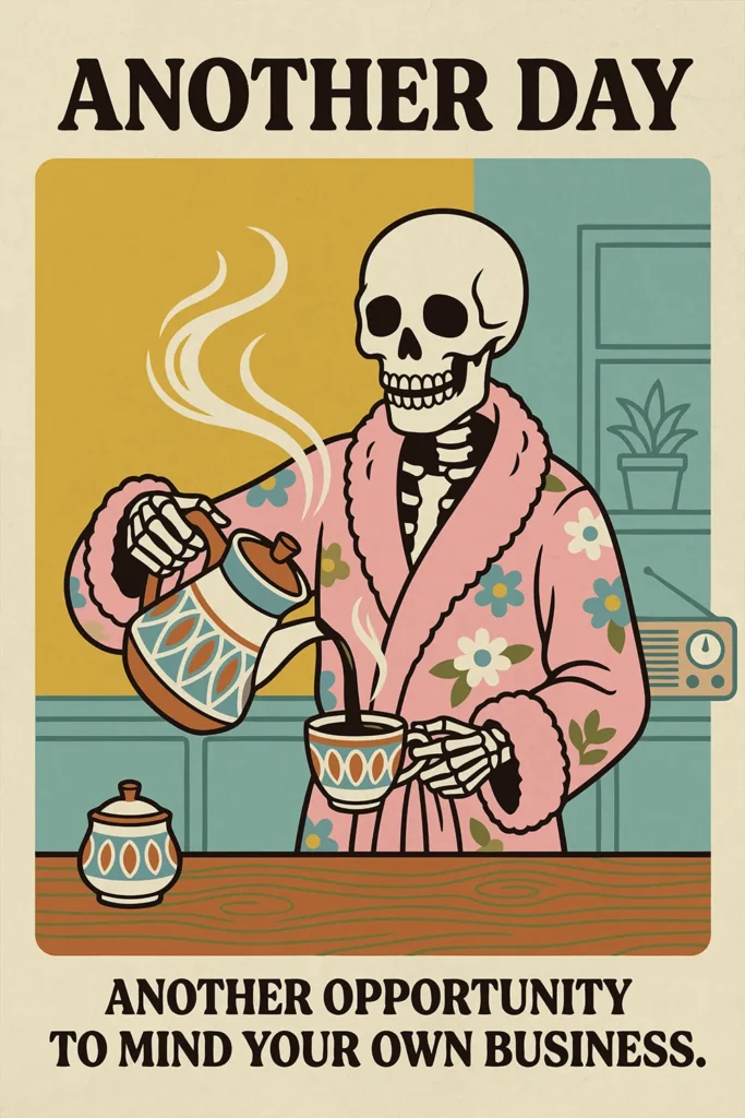 Retro digital wall art featuring a skeleton in a pink floral robe pouring coffee with text reading Another Day Another Opportunity to Mind Your Own Business.
