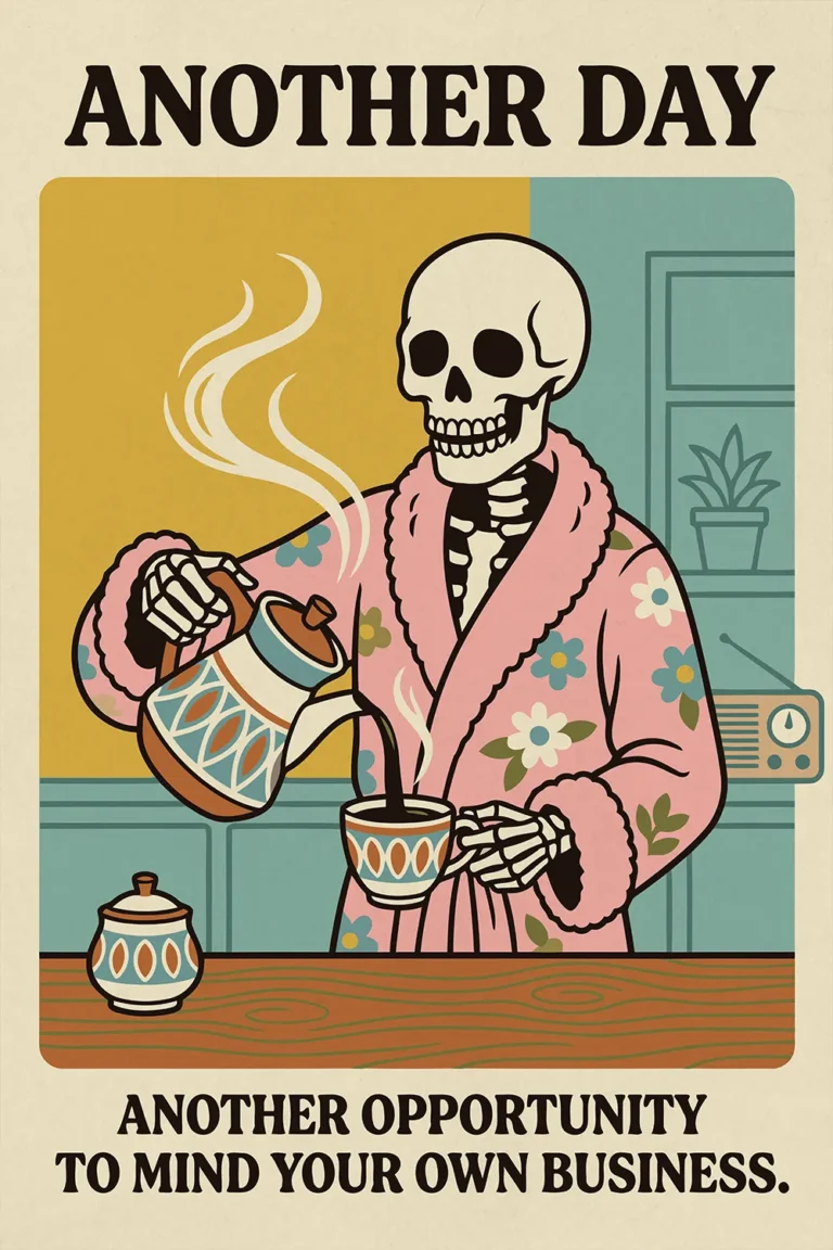 Retro digital wall art featuring a skeleton in a pink floral robe pouring coffee with text reading Another Day Another Opportunity to Mind Your Own Business.
