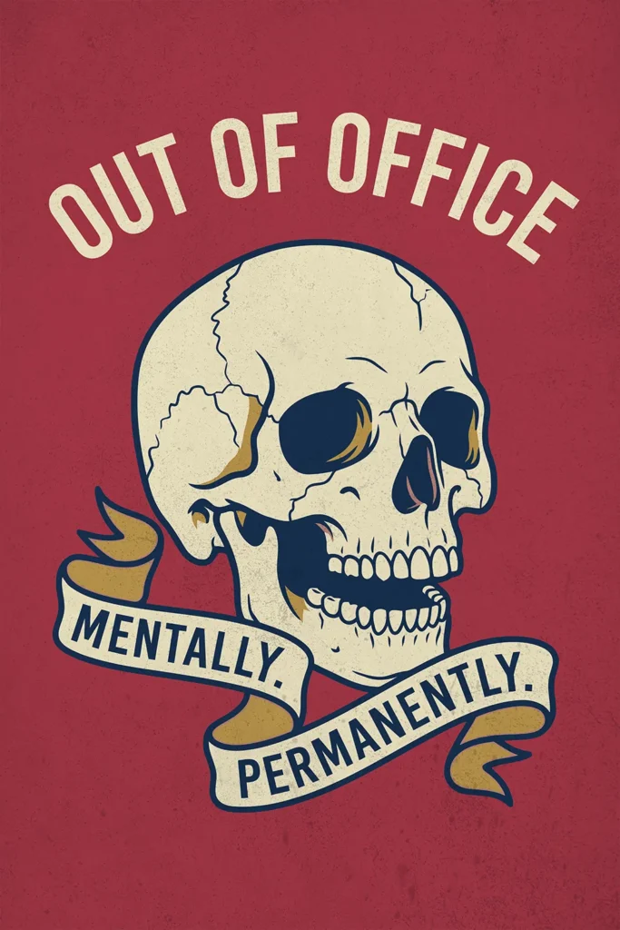 A vintage-style retro digital wall art print featuring a cream-colored human skull on a textured deep red background, with text reading Out of Office above and Mentally Permanently across a banner below.
