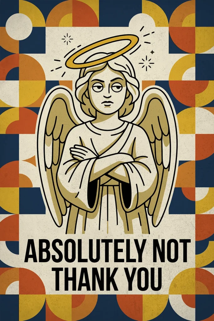 Retro geometric digital wall art featuring an unimpressed angel with crossed arms and a halo, alongside the bold sarcastic text Absolutely Not Thank You.