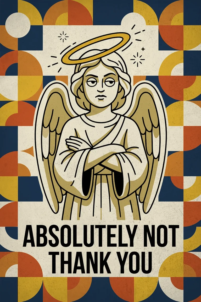Retro geometric digital wall art featuring an unimpressed angel with crossed arms and a halo, alongside the bold sarcastic text Absolutely Not Thank You.