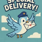 Vintage cartoon style digital wall art featuring a cute blue bird in a mail carrier hat delivering a letter, with the sarcastic text Special Delivery! Nobody Asked.