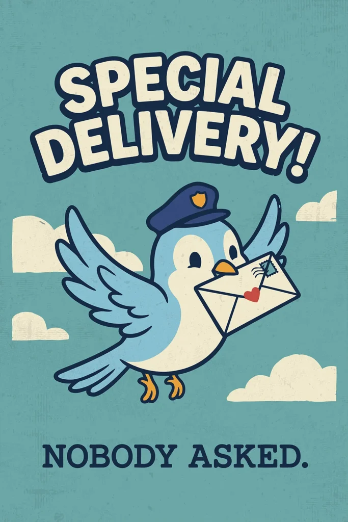 Vintage cartoon style digital wall art featuring a cute blue bird in a mail carrier hat delivering a letter, with the sarcastic text Special Delivery! Nobody Asked.