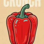 Retro pop art digital wall art featuring a vibrant red bell pepper with a green stem against a distressed beige background, with the word CRUNCH in bold, vintage typography above it.