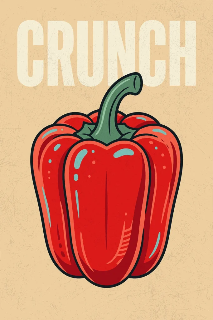 Retro pop art digital wall art featuring a vibrant red bell pepper with a green stem against a distressed beige background, with the word CRUNCH in bold, vintage typography above it.