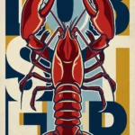 A retro-style digital wall art print featuring a bold red lobster illustration layered over the word LOBSTER in navy blue and mustard yellow block typography on a distressed, vintage-textured background.
