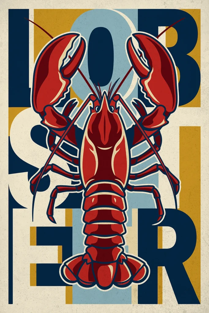 A retro-style digital wall art print featuring a bold red lobster illustration layered over the word LOBSTER in navy blue and mustard yellow block typography on a distressed, vintage-textured background.