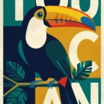 A retro-style digital wall art print featuring a colorful toucan on a tropical branch. The bird is layered over the word TOUCAN in distressed block typography against a vintage background of teal, navy blue, and mustard yellow color blocks.