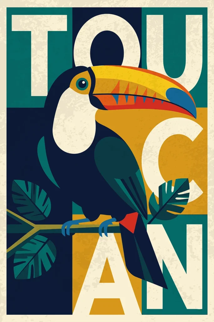 A retro-style digital wall art print featuring a colorful toucan on a tropical branch. The bird is layered over the word TOUCAN in distressed block typography against a vintage background of teal, navy blue, and mustard yellow color blocks.