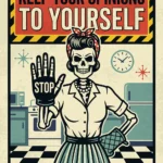 A vintage comic-style digital illustration of a 1950s skeleton housewife in a retro kitchen with a checkered floor. She holds up a hand wearing an oven mitt that says STOP. Above her is a hazard-striped sign reading KEEP YOUR OPINIONS TO YOURSELF.