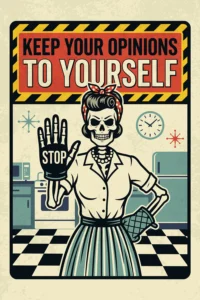 A vintage comic-style digital illustration of a 1950s skeleton housewife in a retro kitchen with a checkered floor. She holds up a hand wearing an oven mitt that says STOP. Above her is a hazard-striped sign reading KEEP YOUR OPINIONS TO YOURSELF.