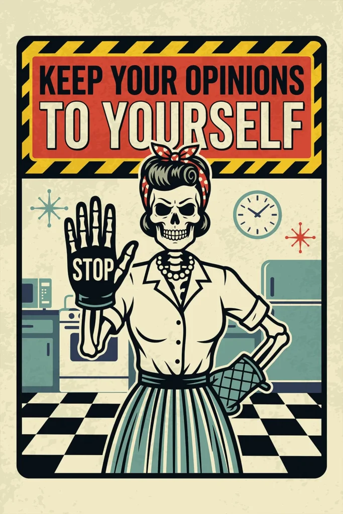 A vintage comic-style digital illustration of a 1950s skeleton housewife in a retro kitchen with a checkered floor. She holds up a hand wearing an oven mitt that says STOP. Above her is a hazard-striped sign reading KEEP YOUR OPINIONS TO YOURSELF.