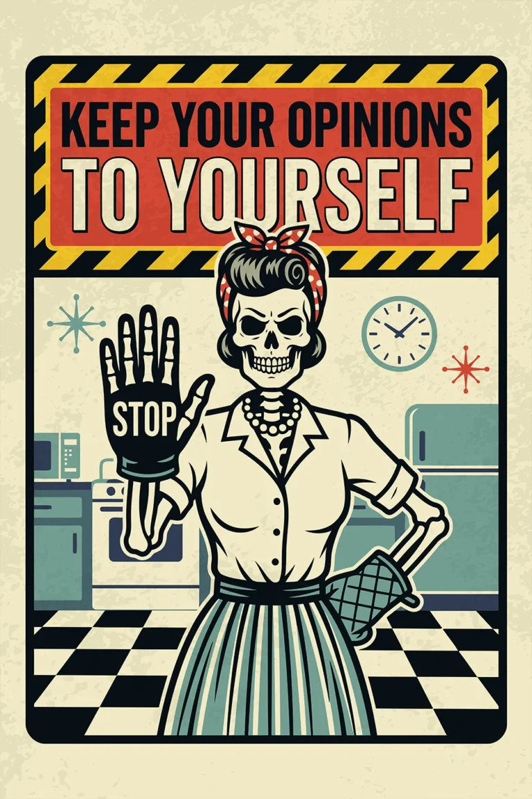 A vintage comic-style digital illustration of a 1950s skeleton housewife in a retro kitchen with a checkered floor. She holds up a hand wearing an oven mitt that says STOP. Above her is a hazard-striped sign reading KEEP YOUR OPINIONS TO YOURSELF.