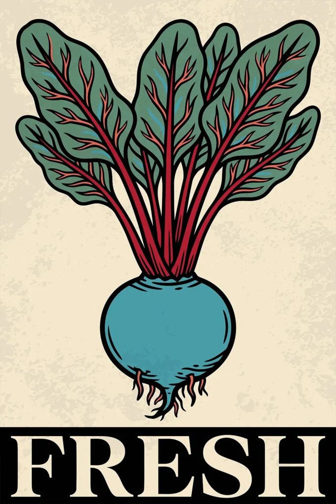 A retro-style vintage botanical illustration of a fresh beetroot with a unique blue root body, vibrant red stems, and green leaves. The word FRESH is written in bold white typography within a black block at the bottom against a textured cream backdrop.