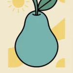 A minimalist retro pear wall art print featuring a teal-colored pear with a green leaf under a simple yellow sun. The word PURE is written in bold red block lettering at the bottom against a cream backdrop with organic yellow shapes.