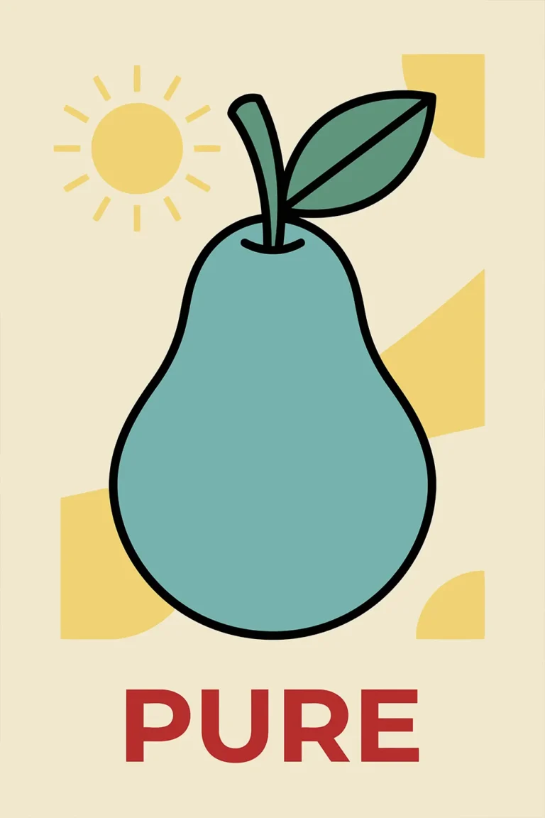 A minimalist retro pear wall art print featuring a teal-colored pear with a green leaf under a simple yellow sun. The word PURE is written in bold red block lettering at the bottom against a cream backdrop with organic yellow shapes.