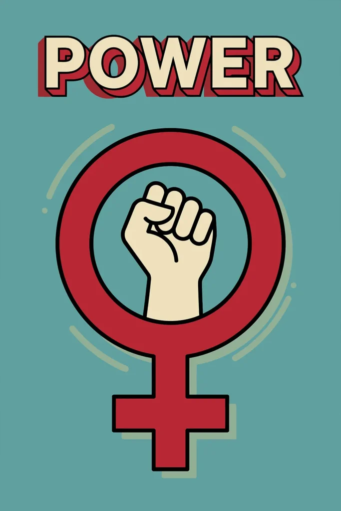 A retro feminist wall art print featuring a raised fist inside a red female Venus symbol. The word POWER is written above in bold cream block letters with a red 3D drop shadow against a dusty teal background.