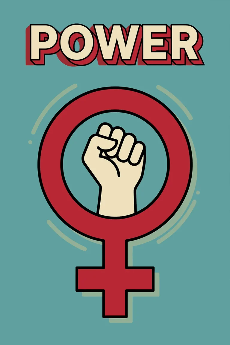 A retro feminist wall art print featuring a raised fist inside a red female Venus symbol. The word POWER is written above in bold cream block letters with a red 3D drop shadow against a dusty teal background.