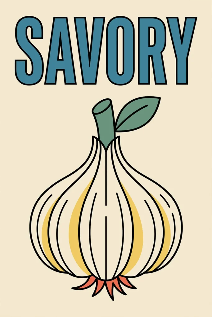 A minimalist retro kitchen wall art print featuring a stylized illustration of a garlic bulb with yellow accents, a green stem, and red roots. The word SAVORY is written above it in bold blue block letters with black outlines against a solid cream background.