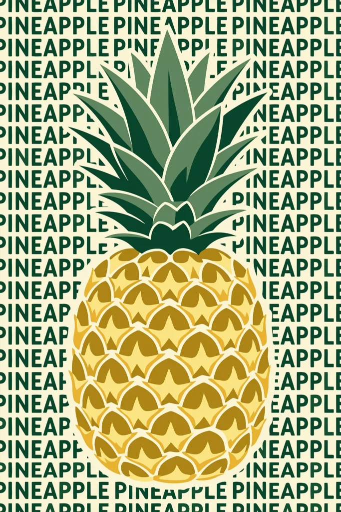 A retro pop art digital print featuring a large graphic illustration of a yellow pineapple with green leaves, layered over a repeating background pattern of the word PINEAPPLE in a bold green sans-serif font on a cream backdrop.