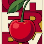 A retro pop art digital print featuring a vibrant red cherry with a green stem and leaf, layered over a bold grid pattern of the word CHERRY in cream, burgundy, and mustard yellow block letters. (r33.jpg)