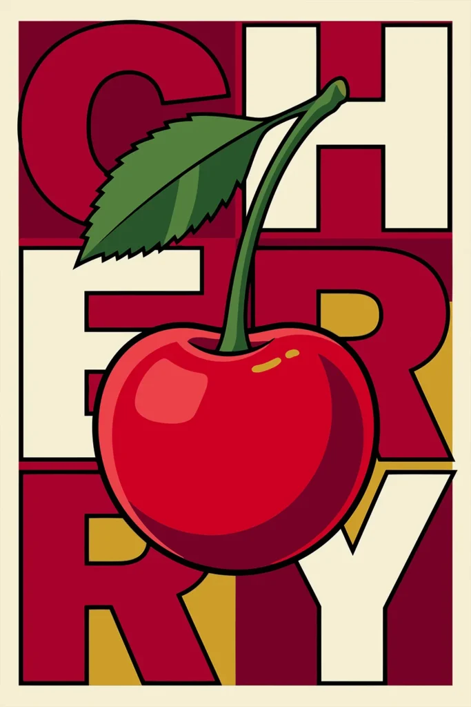 A retro pop art digital print featuring a vibrant red cherry with a green stem and leaf, layered over a bold grid pattern of the word CHERRY in cream, burgundy, and mustard yellow block letters. (r33.jpg)
