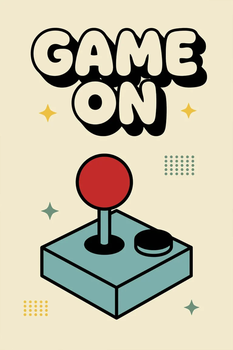 A retro gaming wall art print featuring an isometric illustration of a classic arcade joystick with a red ball top and teal base. Above the controller, the words GAME ON are written in cream bubble text with a heavy black 3D shadow against a beige background with retro stars. (r34.jpg)