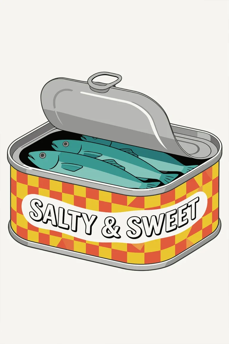 A retro pop art digital illustration of an open tin can of sardines with three teal fish inside. The can has a bold red and yellow checkered design with a wavy banner reading SALTY & SWEET against a solid cream background. (r35.jpg)