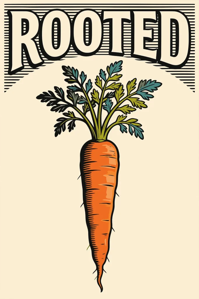 Retro carrot poster with bold vintage typography and a centered botanical carrot illustration on a warm cream background.