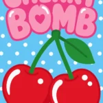 Bright pop art illustration of two red cherries with pink bubbly text reading Cherry Bomb on a blue polka dot background.
