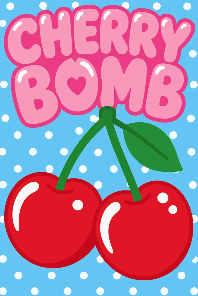 Bright pop art illustration of two red cherries with pink bubbly text reading Cherry Bomb on a blue polka dot background.