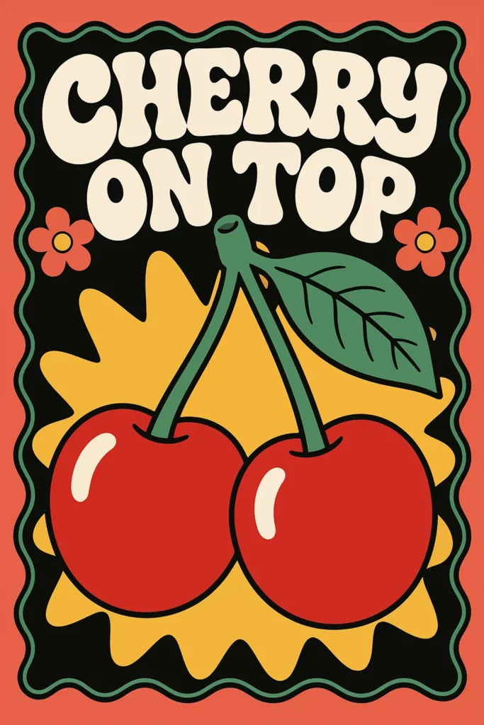 Groovy 70s retro poster art with cream bubble text reading Cherry On Top, featuring two glossy red cherries over a yellow starburst and wavy green border.