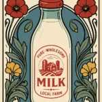 Vintage Art Nouveau style illustration of a glass milk bottle surrounded by red poppies and green botanical elements with text reading Fresh Daily.