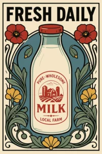 Vintage Art Nouveau style illustration of a glass milk bottle surrounded by red poppies and green botanical elements with text reading Fresh Daily.