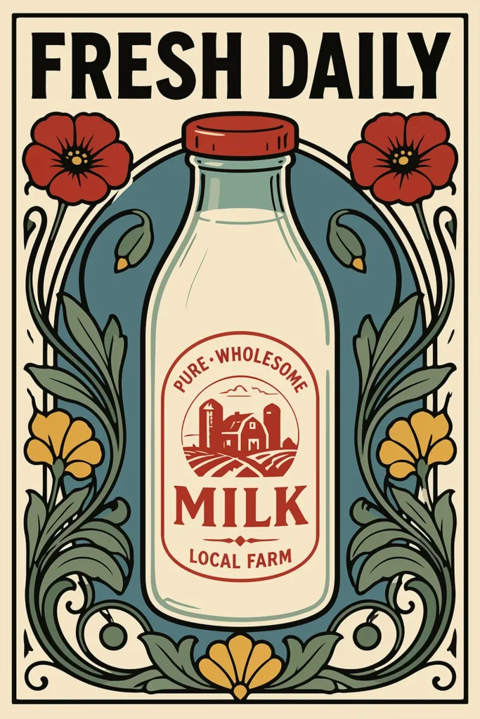 Vintage Art Nouveau style illustration of a glass milk bottle surrounded by red poppies and green botanical elements with text reading Fresh Daily.